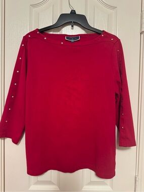 Karen Scott Deep Red Boatneck Top with Silver Studs